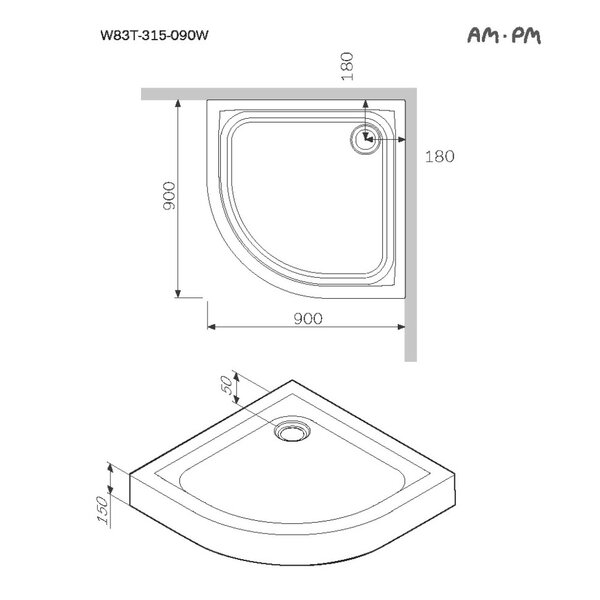 Акриловый душевой поддон 90 x 90 см, AM.PM Like W83T-315-090W