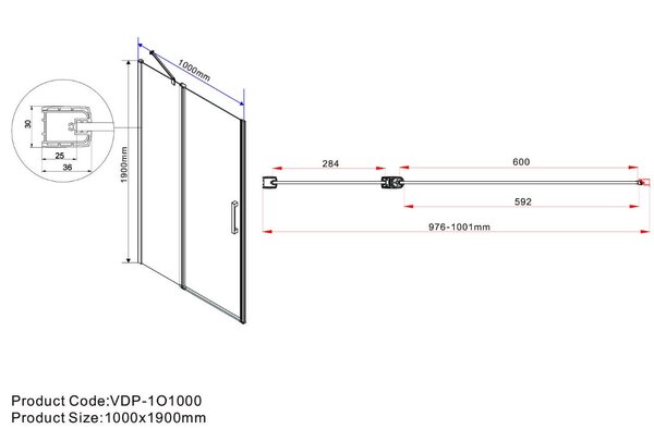 Душевая дверь Vincea Orta VPP-1O100CL 100х190 см, стекло прозрачное. Размер регулировки 976-1001 мм.