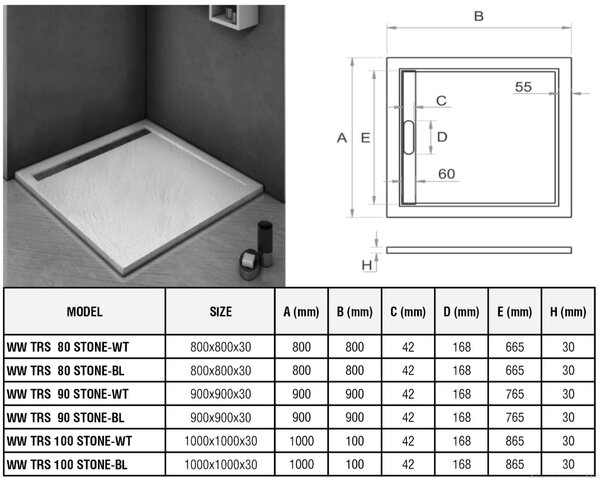 Душевой поддон Weltwasser WW TRS 90 STONE-BL 90х90