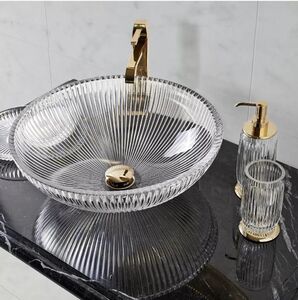 3SC ELEGANCE Раковина накладная, D=43,5/h16 см, без отверстия под смеситель, донный клапан в комплекте, цвет: прозрачный хрусталь/золото 24к.