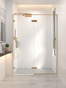 Душевая дверь Veconi Premium Alassio G, 1400х2000, брашированное золото, стекло прозрачное осветленное, регулировка 139-140 см