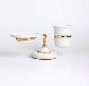 Stil Haus Giunone, настольные керамические мыльница + стакан, цвет белый - золото G15М(04)