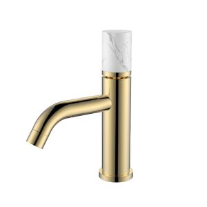 Смеситель Boheme STICK для умывальника низкий GOLD ручка мрамор белая 121-G-MR